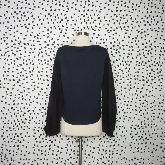 Free People Navy Mixed Media Light Magic Henley Balloon Sleeve Top - Picture 7 of 12